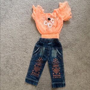 Orange Floral Top and Denim Pants Set